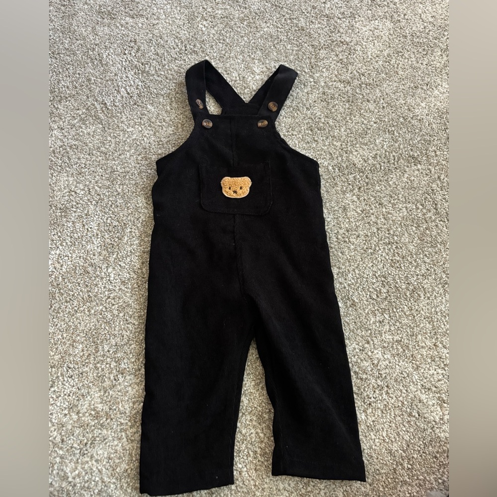 Black Corduroy Kids Overalls with Bear Patch